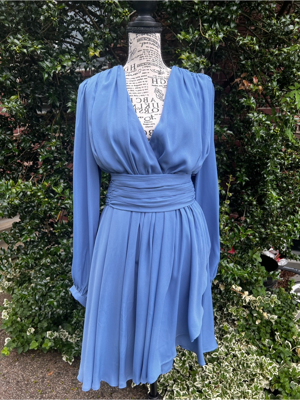 Angela Merle Milano Blue Chiffon Long Puff Sleeves Mock Wrap Dress M